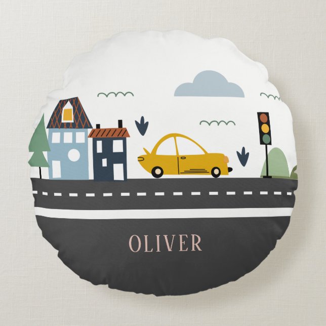 Cute Kids Urban City Vehicle Cars Road Cityscape Round Cushion (Front)