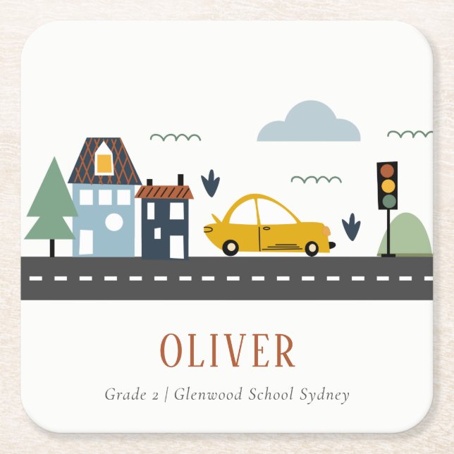 Cute Kids Urban City Vehicle Cars Road Cityscape Square Paper Coaster (Front)