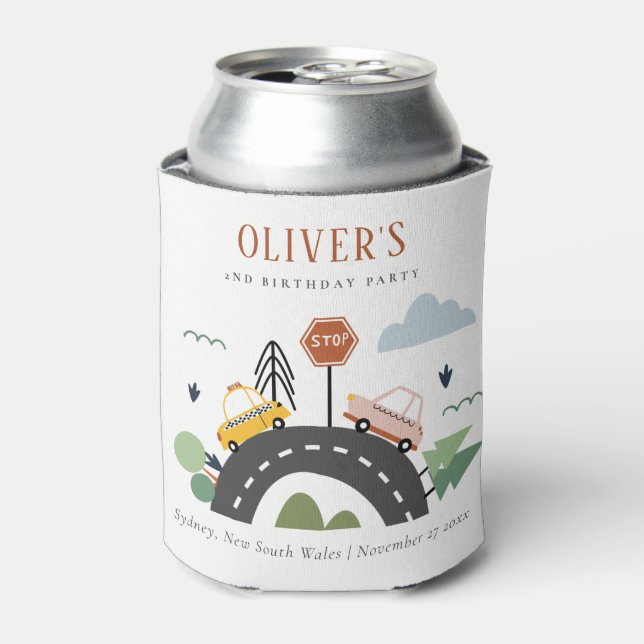 Cute Kids Urban Vehicle Cars Road Any Age Birthday Can Cooler (Can Front)