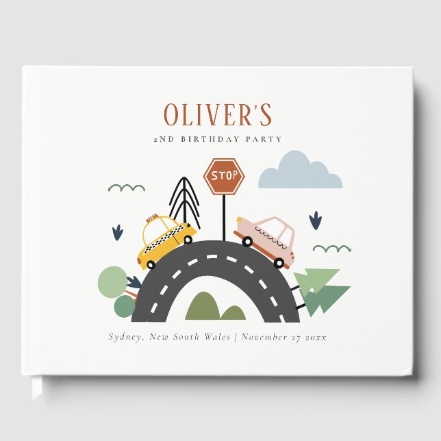 Cute Kids Urban Vehicle Cars Road Any Age Birthday Guest Book (Front)