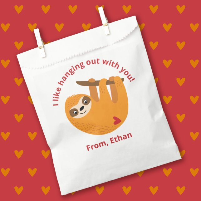 Cute Kids Valentine School Classroom Favour Bags (A cute kids classroom Valentines Day treat bag featuring a cute sloth)