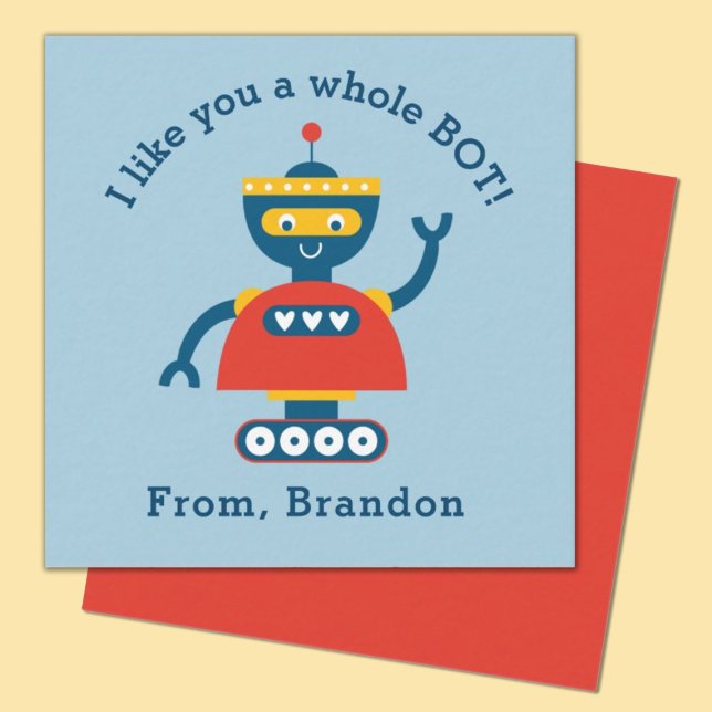 Cute Kids Valentines Day Robot Note Card (fun robot valentine.  perfect for a kids classroom exhange. personalize it with your kids name.)