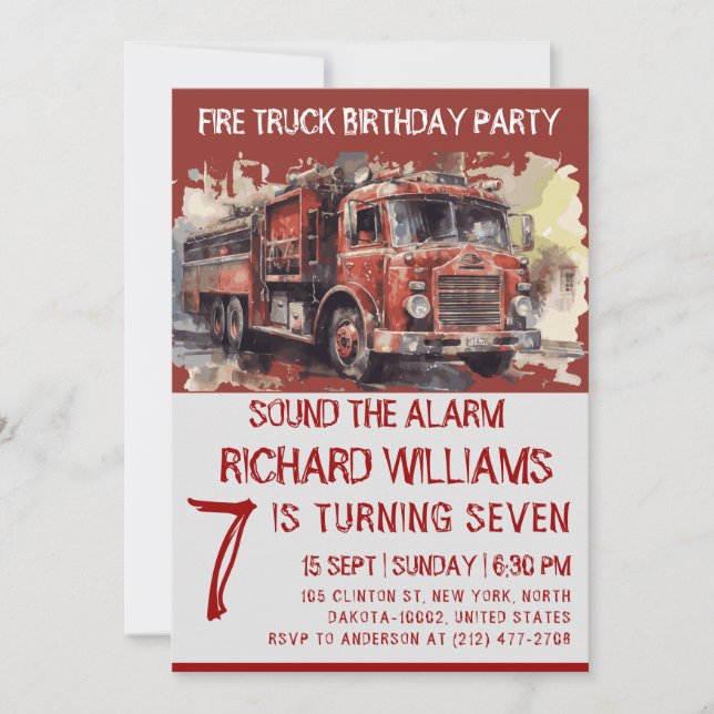 Cute Kids Watercolor Fire Truck Birthday Party Invitation (Front)