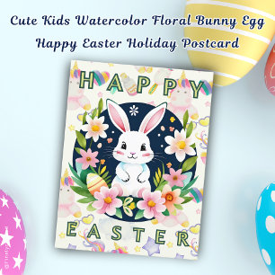 Cute Kids Watercolor Floral Bunny Egg Happy Easter Holiday Postcard