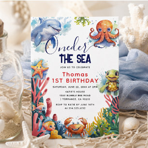 Cute Kids Watercolor Oneder the Sea 1st Birthday Invitation