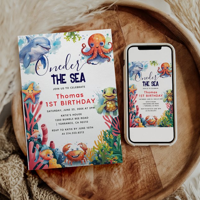 Cute Kids Watercolor Oneder the Sea 1st Birthday Invitation (Creator Uploaded)