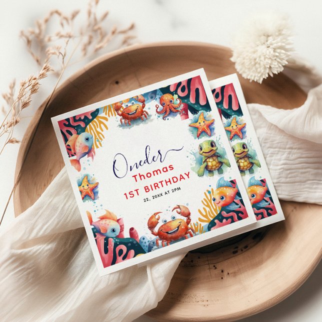 Cute Kids Watercolor Oneder the Sea 1st Birthday  Napkin (Creator Uploaded)