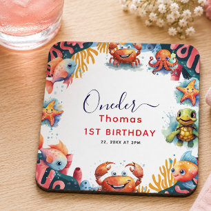 Cute Kids Watercolor Oneder the Sea 1st Birthday  Square Paper Coaster