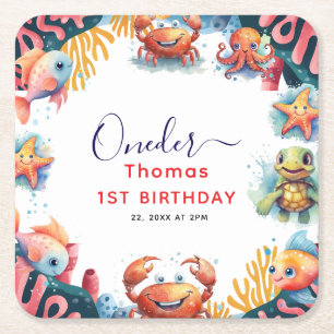 Cute Kids Watercolor Oneder the Sea 1st Birthday  Square Paper Coaster