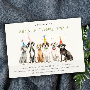 Cute Kids Watercolor Pawty Dog Birthday Party Invitation