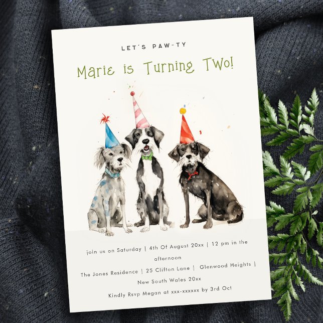 Cute Kids Watercolor Pawty Dog Birthday Party Invitation (Creator Uploaded)