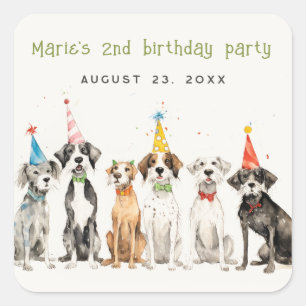 Cute Kids Watercolor Pawty Dog Birthday Party Square Sticker