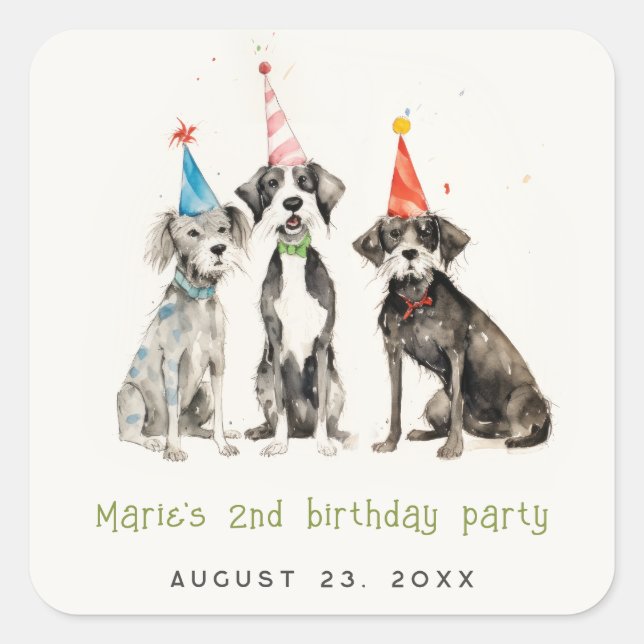 Cute Kids Watercolor Pawty Dog Birthday Party Square Sticker (Front)