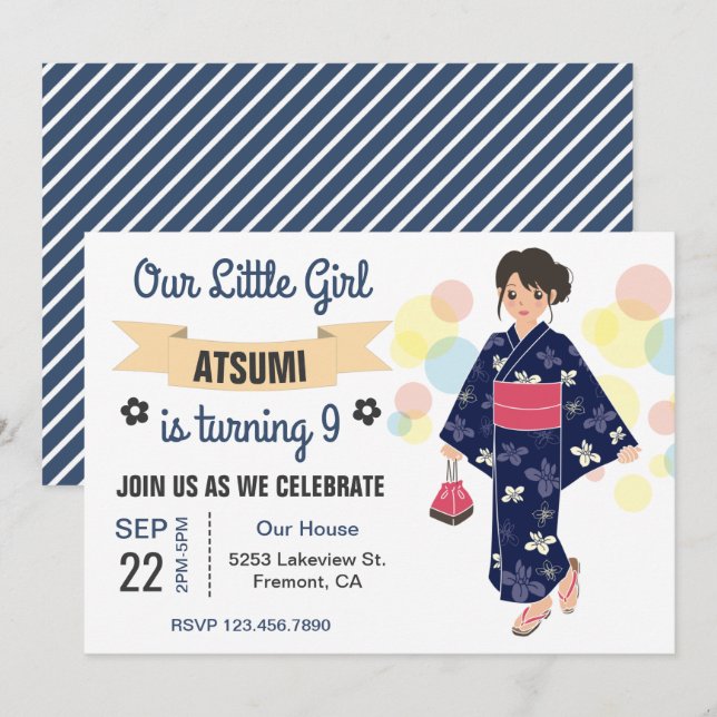 Cute Kimono Japanese Girl Birthday Party Invite (Front/Back)