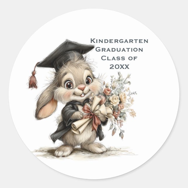  Cute Kindergarten Graduation Bunny Design Classic Round Sticker (Front)