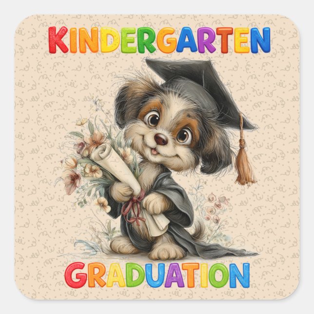  Cute Kindergarten Graduation Puppy Illustration Square Sticker (Front)