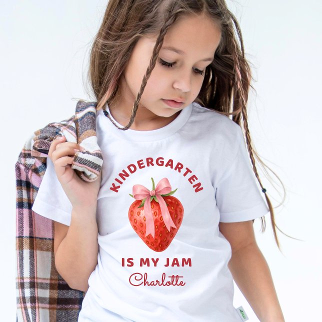 Cute Kindergarten is my jam Back to School Kids  T-Shirt (Cute Strawberry Coquette Back to School Kindergarten tshirt)