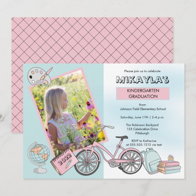 Cute Kindergarten Photo Girl Graduation Party Invi Invitation (Front/Back)