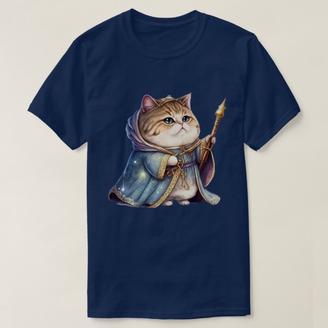 cute king cat wearing a blue coat and gold crown T-Shirt (Design Front)