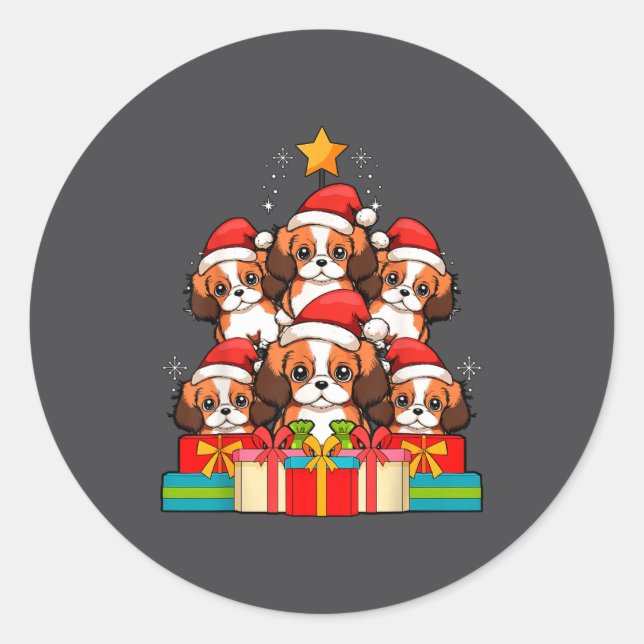 Cute King Charles Cavalier Le Dog Christmas Tree X Classic Round Sticker (Front)