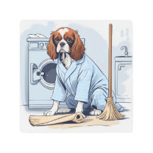 Cute King Charles Spaniel in Pyjamas Doing Laundry
