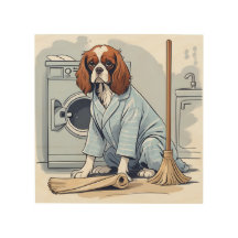 Cute King Charles Spaniel in Pyjamas Doing Laundry