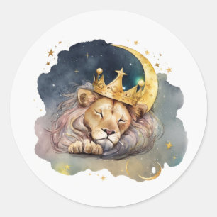 Cute  king Lion Sleeping On The Moon               Classic Round Sticker