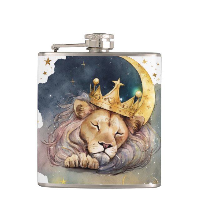Cute  king Lion Sleeping On The Moon               Hip Flask (Front)