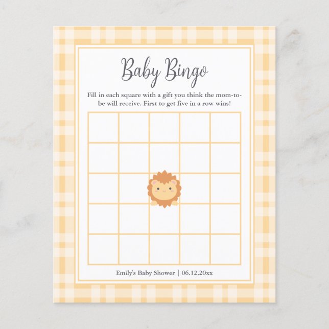 Cute King of The Jungle Boy Baby Shower Bingo Game (Front)