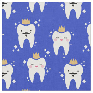 Cute King & Queen Tooth Pattern Blue Fabric
