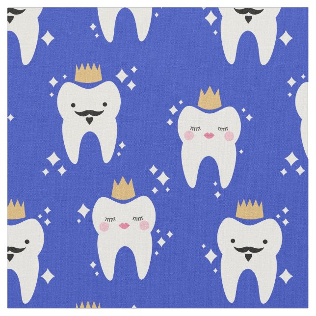 Cute King & Queen Tooth Pattern Blue Fabric (Close Up)