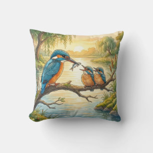 Cute Kingfisher And Chicks River and Lake Animals Cushion