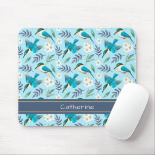 Cute Kingfisher Birds Floral Pattern Blue Name Mouse Mat