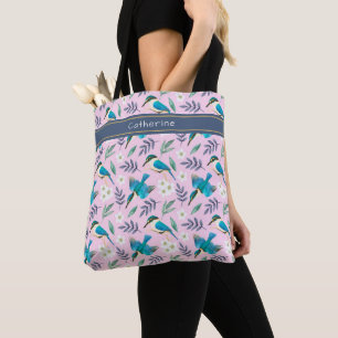 Cute Kingfisher Birds Floral Pattern Pink Name Tote Bag