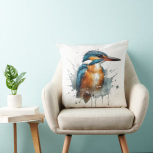 Cute Kingfisher in blue and orange watercolor Cushion