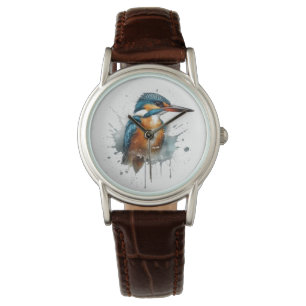 Cute Kingfisher in blue and orange watercolor Watch