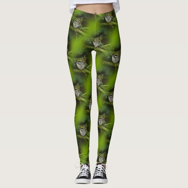 Cute Kinglet Songbird Causes a Stir in the Fir Leggings (Front)