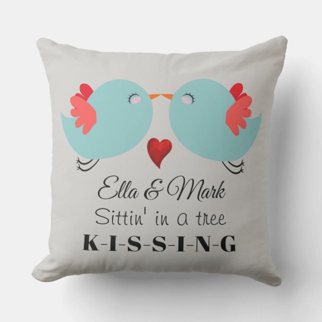 Cute kissing birds personalised valentines cushion (Front)