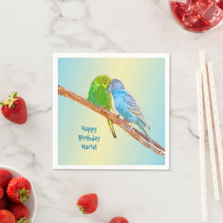 Cute kissing budgies -acrylic on pastel backgroud  napkin