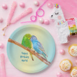 Cute kissing budgies -acrylic on pastel backgroud  paper plate<br><div class="desc">Do you love birdies? Cute budgies kissing,  beaking each other. Digital acrylic painting on pastel background. Designed by Marions Artwork.
Change the text!</div>