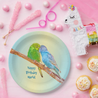 Cute kissing budgies -acrylic on pastel backgroud  paper plate