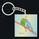 Cute kissing budgies -acrylic on pastel background key ring<br><div class="desc">Do you love birdies? Cute budgies kissing,  beaking each other. Digital acrylic painting on pastel background. Designed by Marions Artwork.</div>