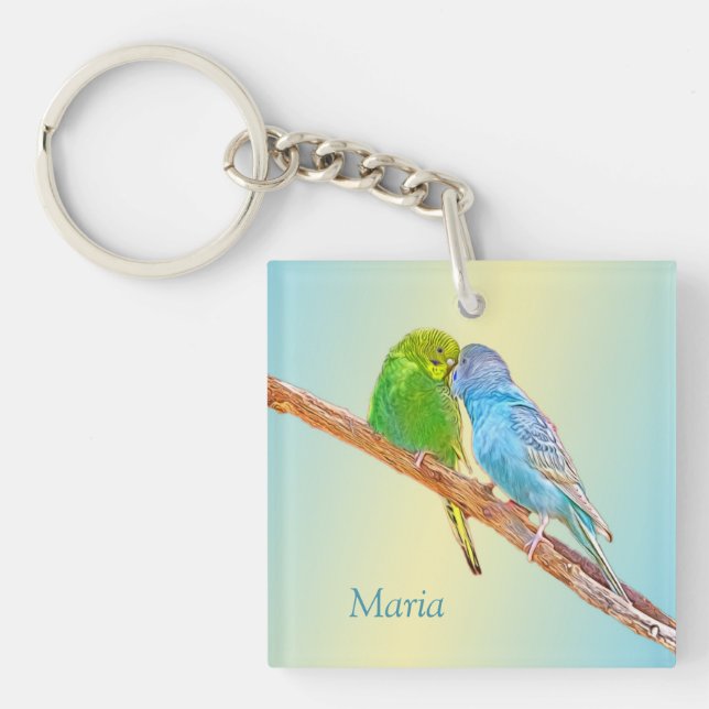 Cute kissing budgies -acrylic on pastel background key ring (Front)