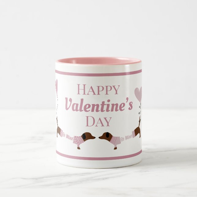 Cute Kissing Dachshund Wiener Dog Pink Valentines  Two-Tone Coffee Mug (Center)