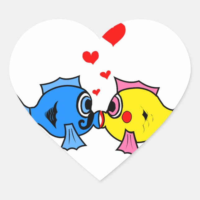 Cute Kissing Fish with Hearts Design Heart Sticker (Front)