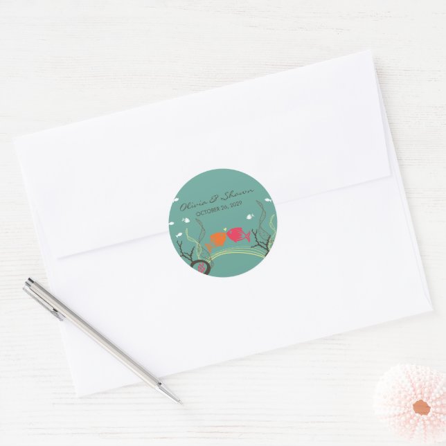 Cute Kissing Fishes Ocean Sea Corals Beach Wedding Classic Round Sticker (Envelope)