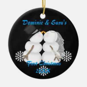 Cute Kissing Snowman First Christmas Ornament