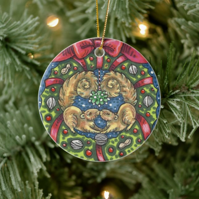 CUTE KISSING SQUIRRELS UNDER MISTLETOE, NUT WREATH CERAMIC TREE DECORATION (Tree)