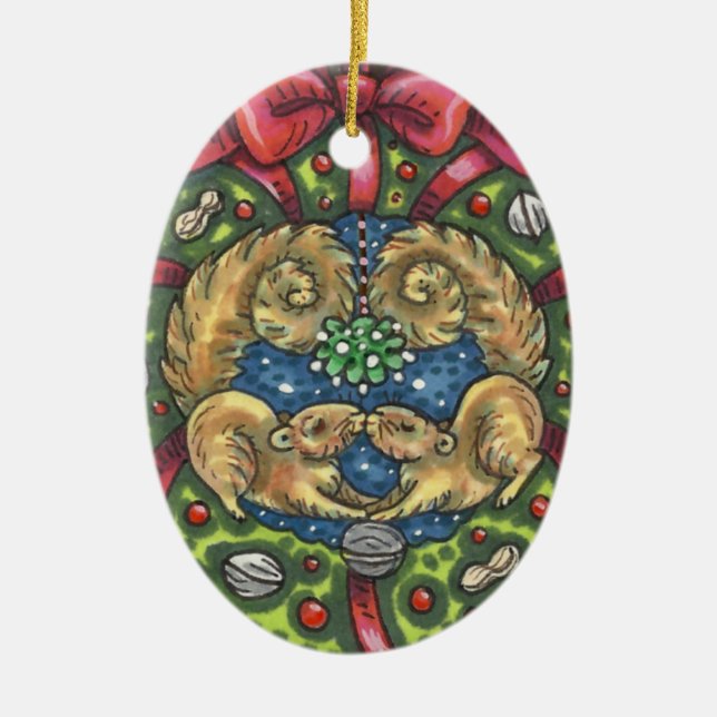 CUTE KISSING SQUIRRELS UNDER MISTLETOE, NUT WREATH CERAMIC TREE DECORATION (Front)