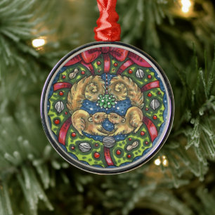 CUTE KISSING SQUIRRELS UNDER MISTLETOE, NUT WREATH METAL TREE DECORATION